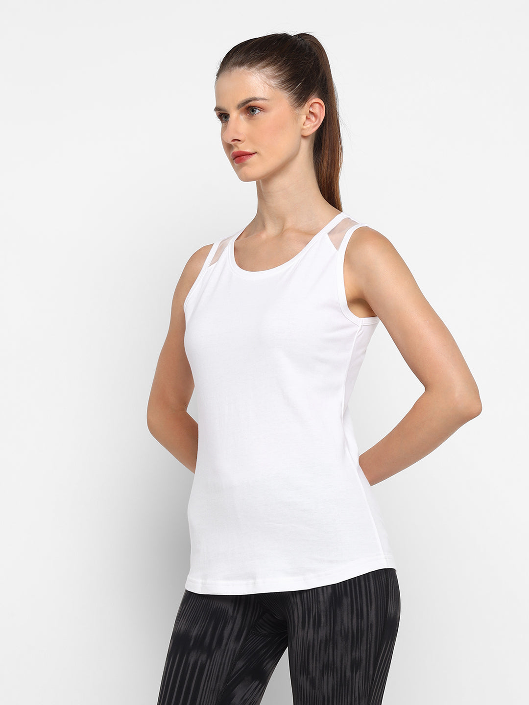 Ap'pulse Women's Short Sleeve Round Neck Shoulder Mesh Tshirt