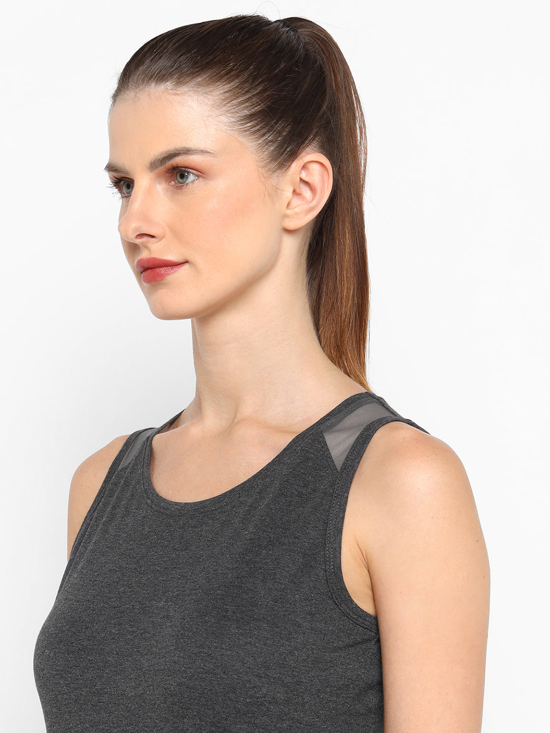 Ap'pulse Women's Short Sleeve Round Neck Shoulder Mesh Tshirt