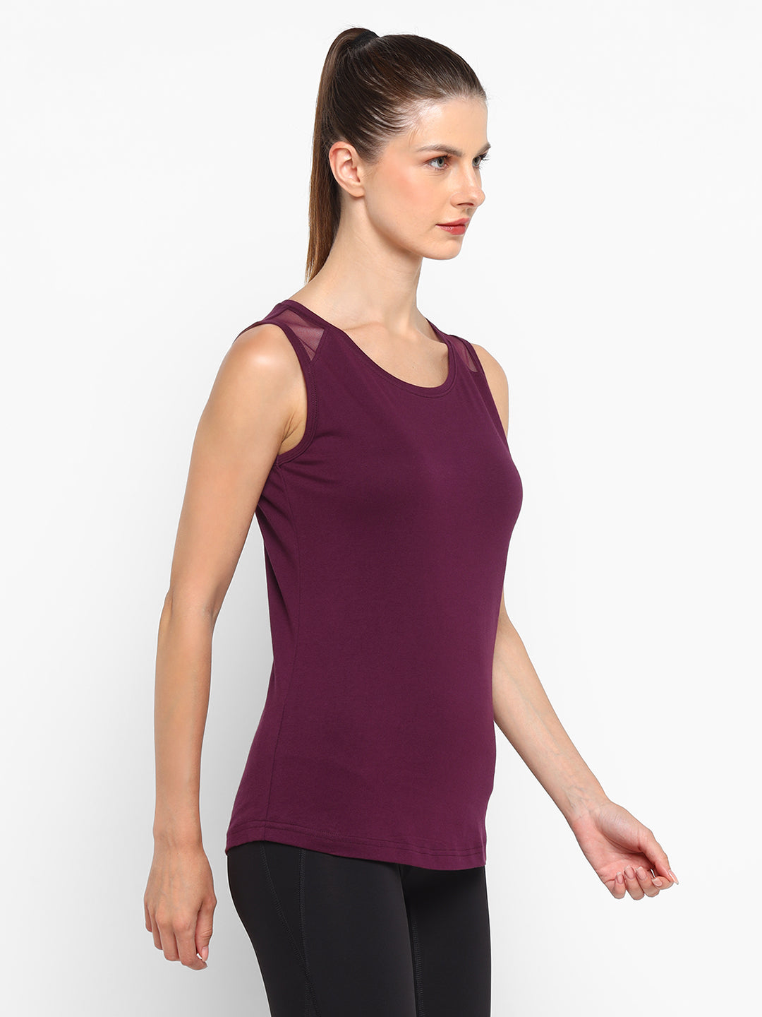 Ap'pulse Women's Short Sleeve Round Neck Shoulder Mesh Tshirt