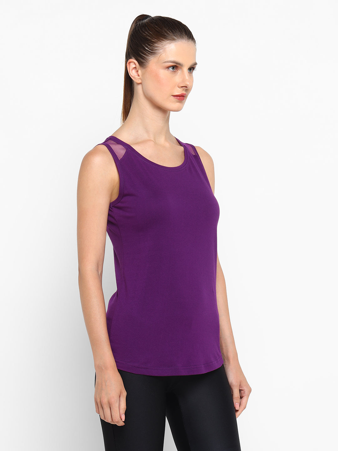 Ap'pulse Women's Short Sleeve Round Neck Shoulder Mesh Tshirt