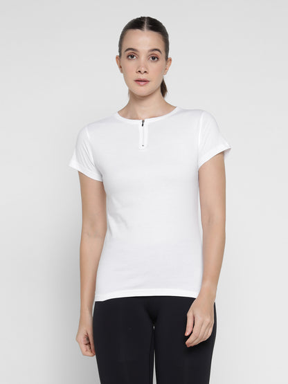 Appulse Women's Short Sleeve Round Neck Zipper T-Shirt | Women | Premium Cotton | Activewear | Athleisure