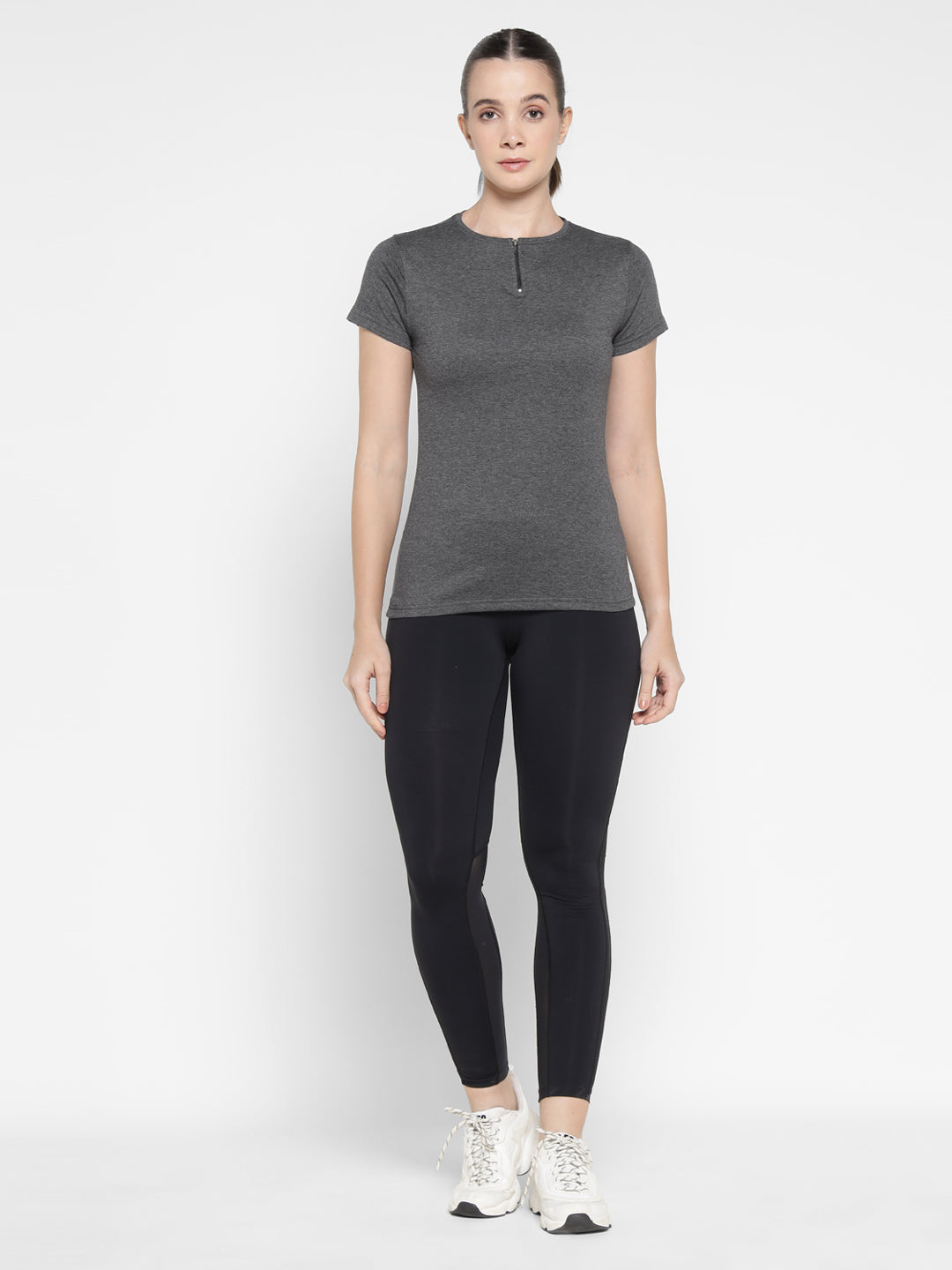 Ap'pulse Women's Short Sleeve Round Neck Zipper Tshirt