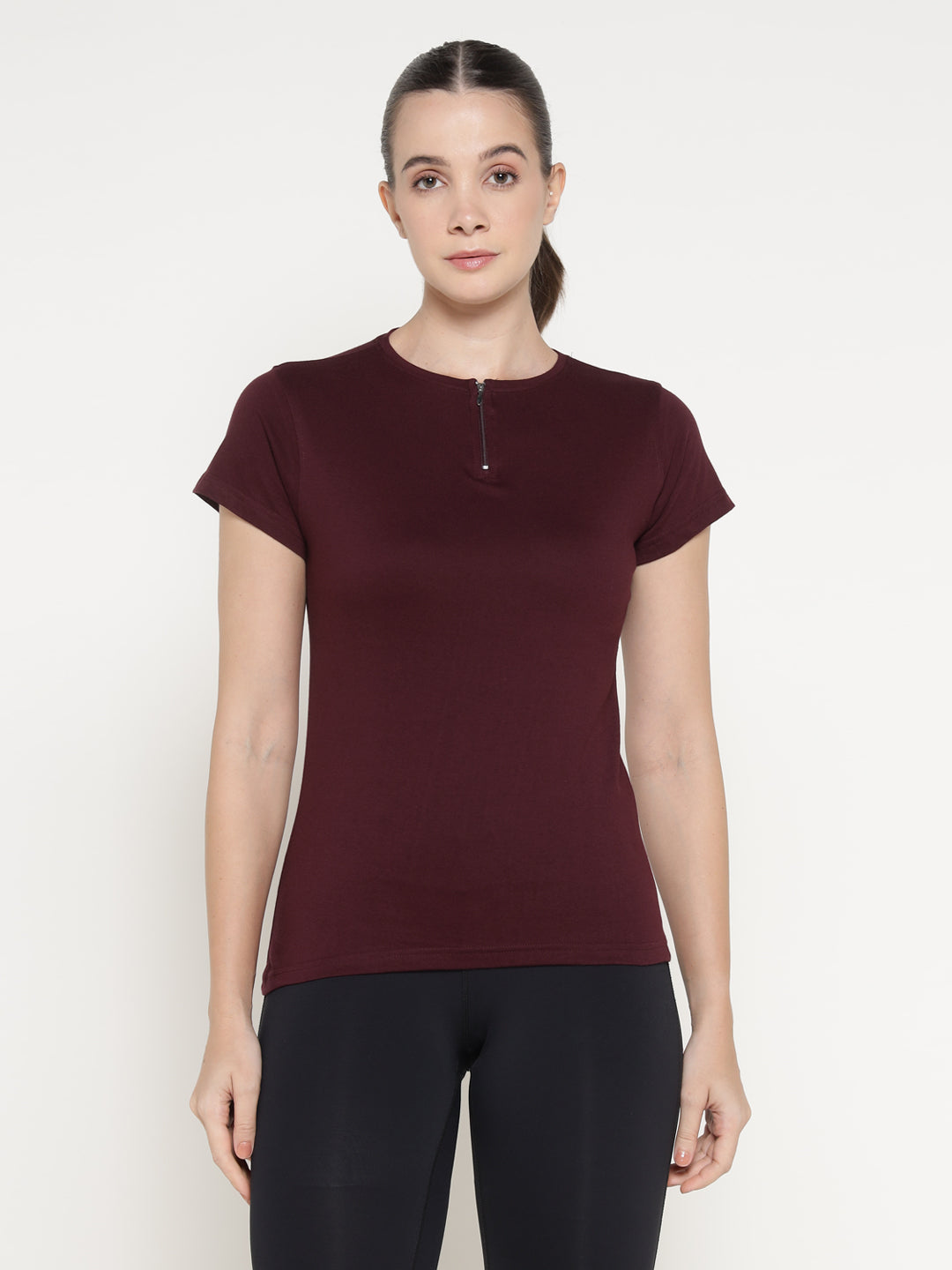 Ap'pulse Women's Short Sleeve Round Neck Zipper Tshirt