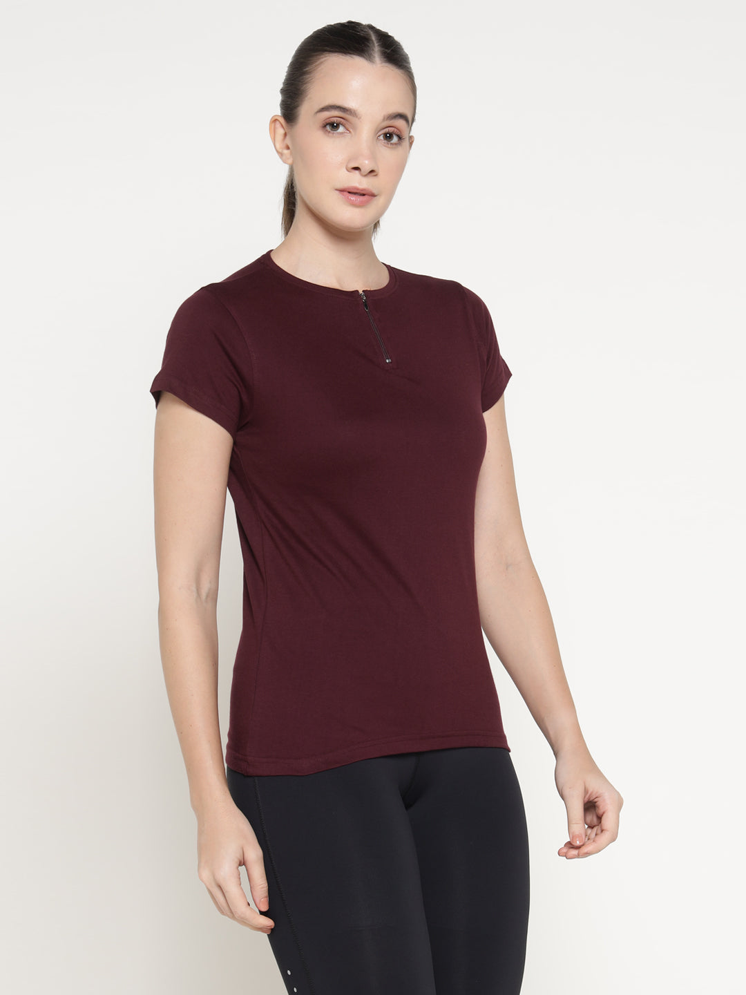 Ap'pulse Women's Short Sleeve Round Neck Zipper Tshirt