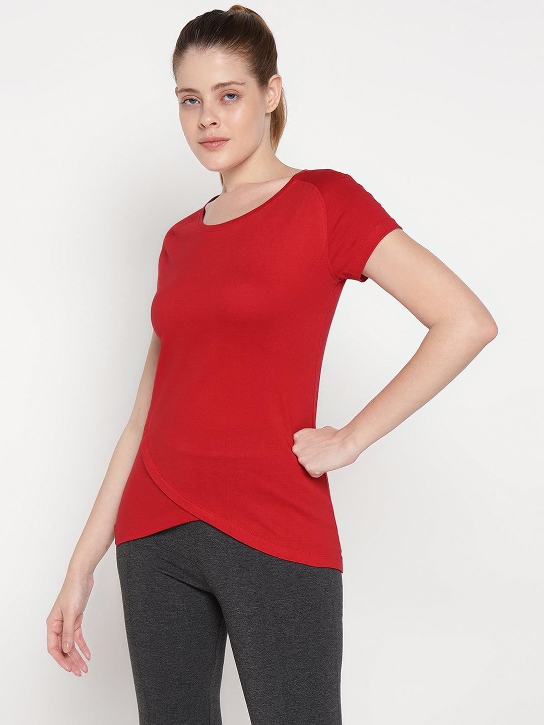 Ap'pulse Women's Short Sleeve Round Neck Bottom Cross Over Tshirt