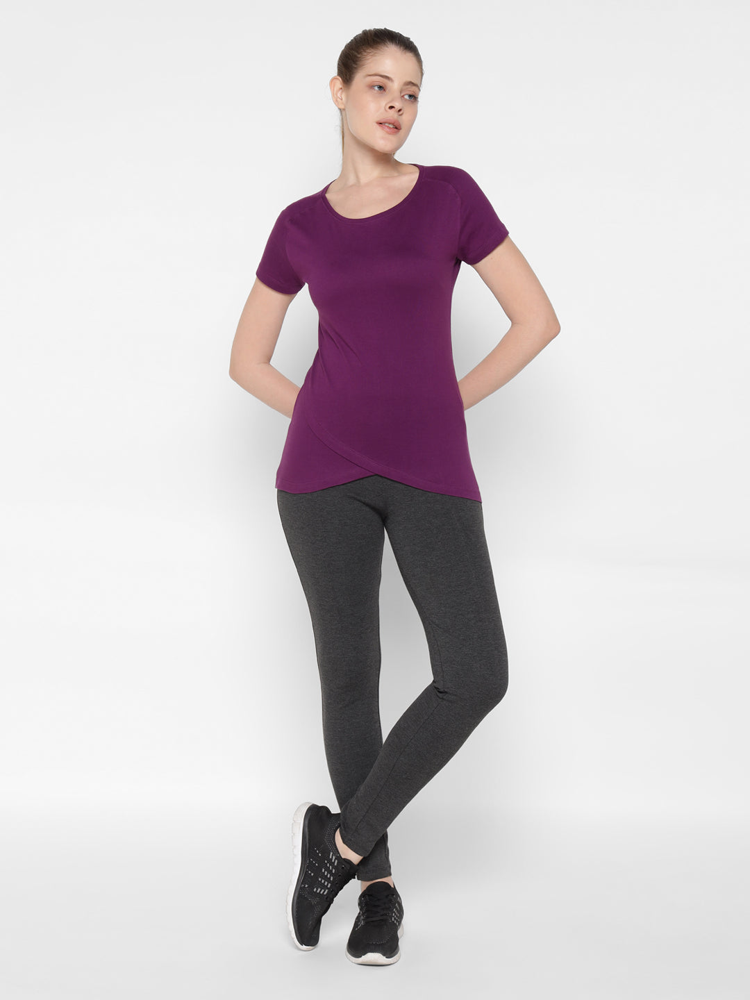 Ap'pulse Women's Short Sleeve Round Neck Bottom Cross Over Tshirt