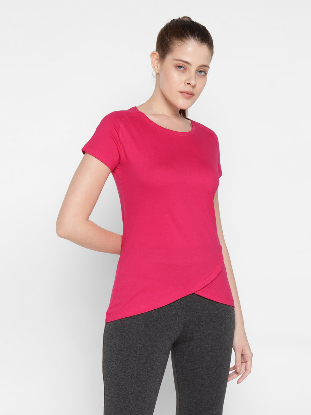 Ap'pulse Women's Short Sleeve Round Neck Bottom Cross Over Tshirt