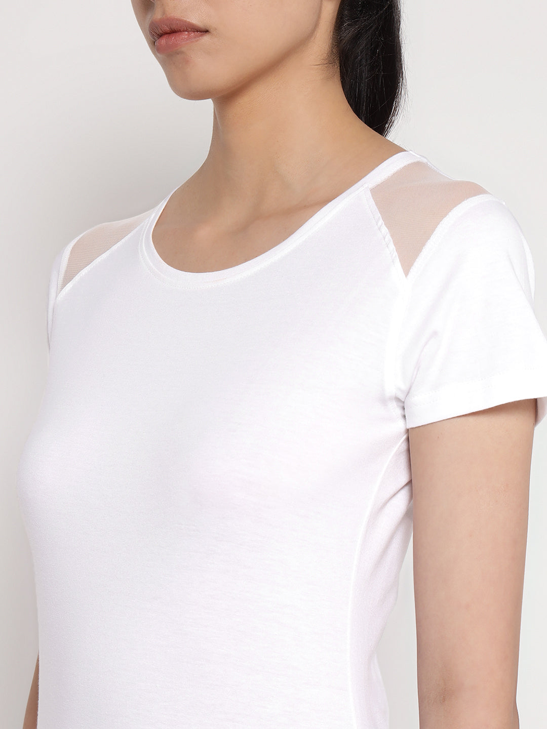 Ap'pulse Women's Short Sleeve Round Neck Shoulder Mesh Tshirt