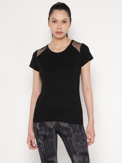Appulse Women's Short Sleeve Round Neck Shoulder Mesh T-Shirt | Women | Premium Cotton | Activewear | Athleisure