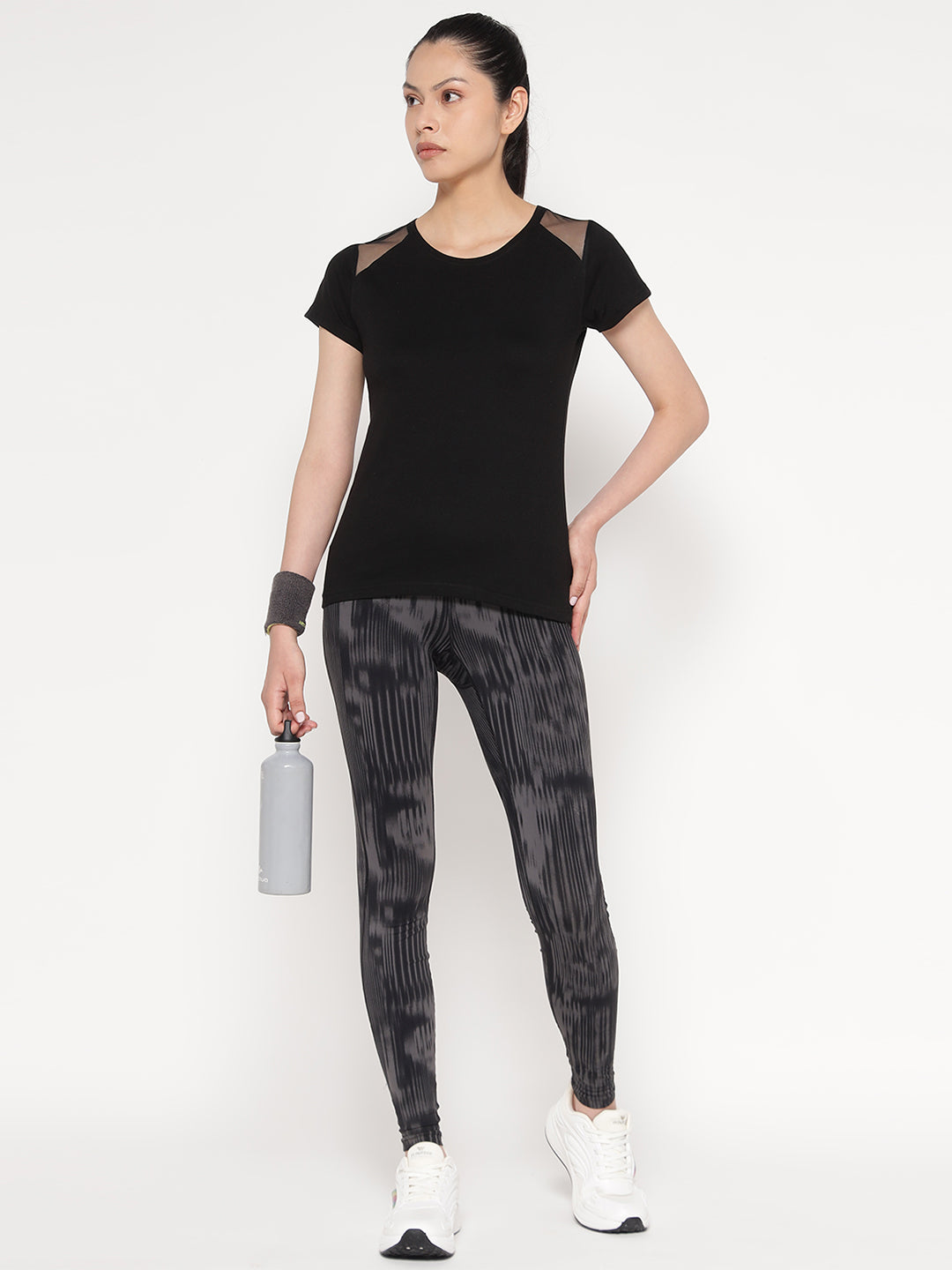 Ap'pulse Women's Short Sleeve Round Neck Shoulder Mesh Tshirt