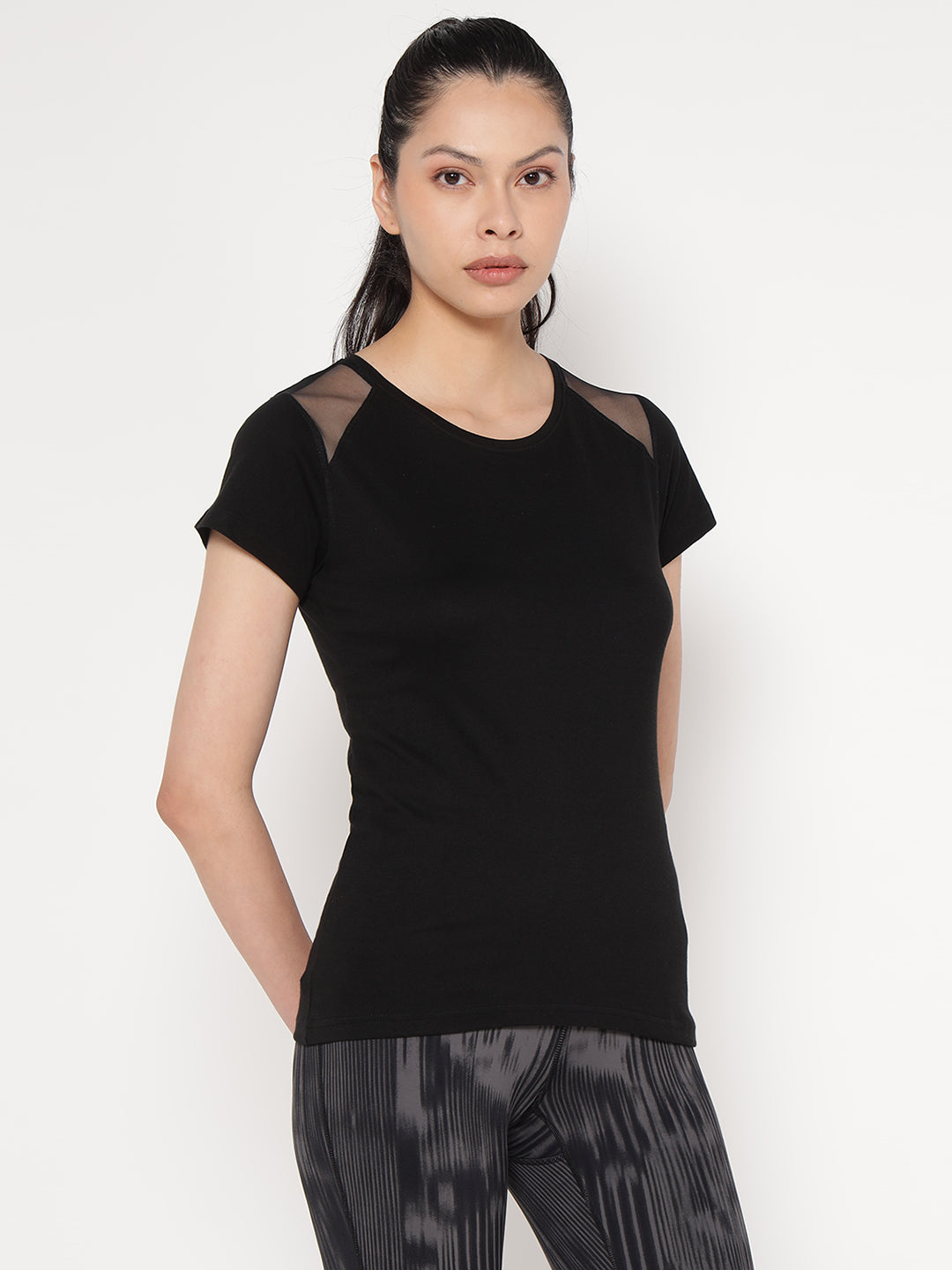 Ap'pulse Women's Short Sleeve Round Neck Shoulder Mesh Tshirt