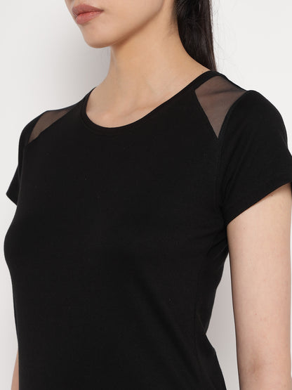 Appulse Women's Short Sleeve Round Neck Shoulder Mesh T-Shirt | Women | Premium Cotton | Activewear | Athleisure