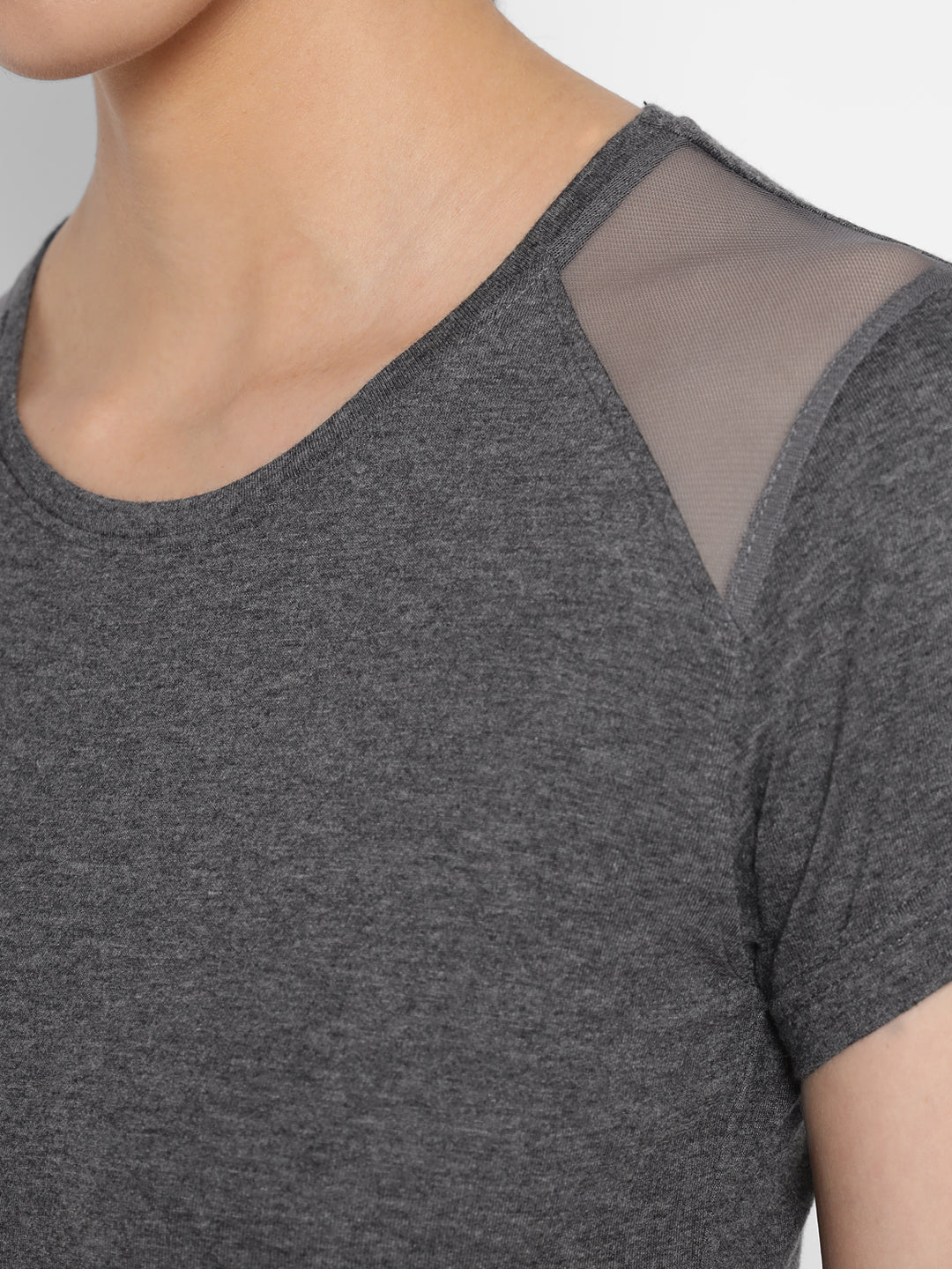 Ap'pulse Women's Short Sleeve Round Neck Shoulder Mesh Tshirt