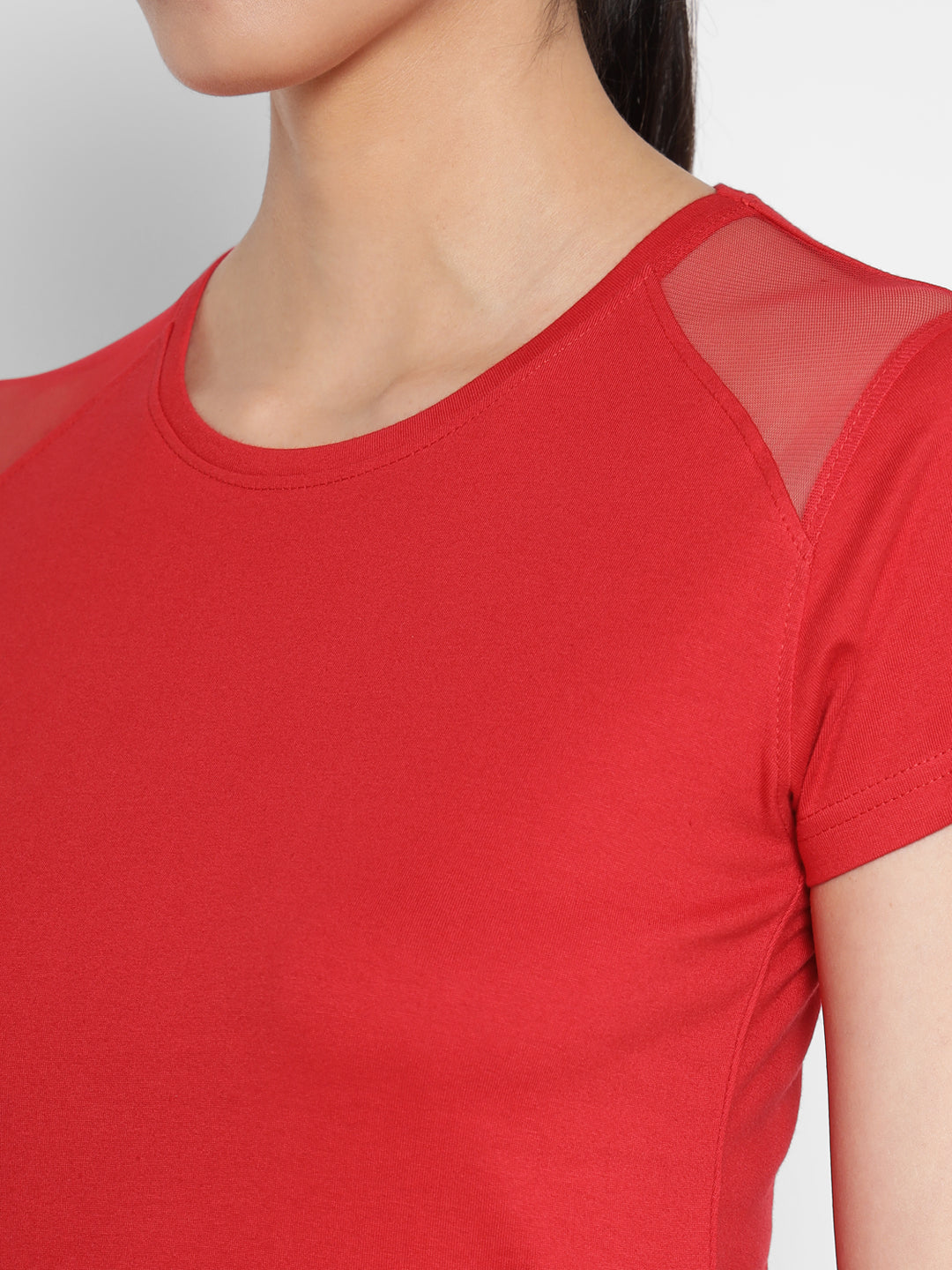 Ap'pulse Women's Short Sleeve Round Neck Shoulder Mesh Tshirt