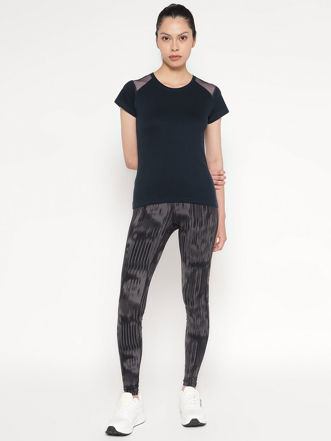 Ap'pulse Women's Short Sleeve Round Neck Shoulder Mesh Tshirt