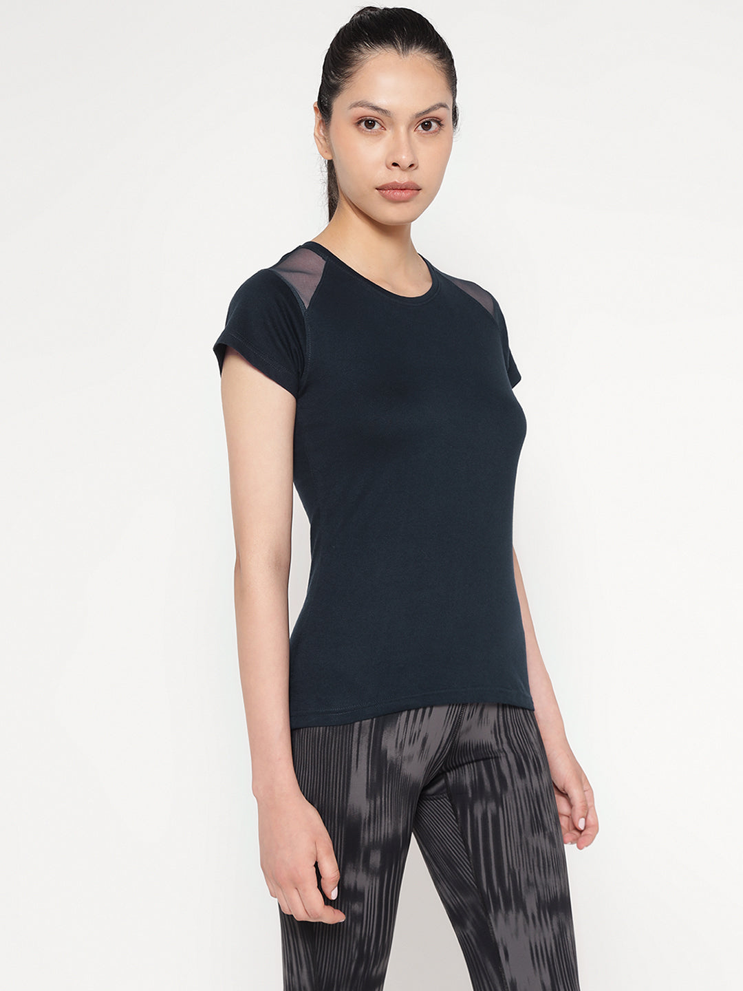 Ap'pulse Women's Short Sleeve Round Neck Shoulder Mesh Tshirt