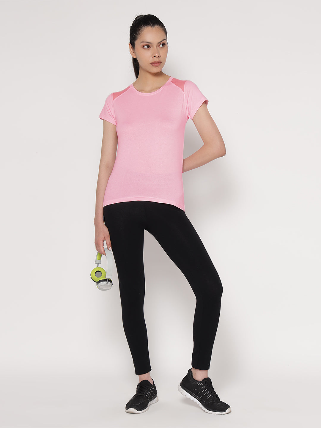 Ap'pulse Women's Short Sleeve Round Neck Shoulder Mesh Tshirt