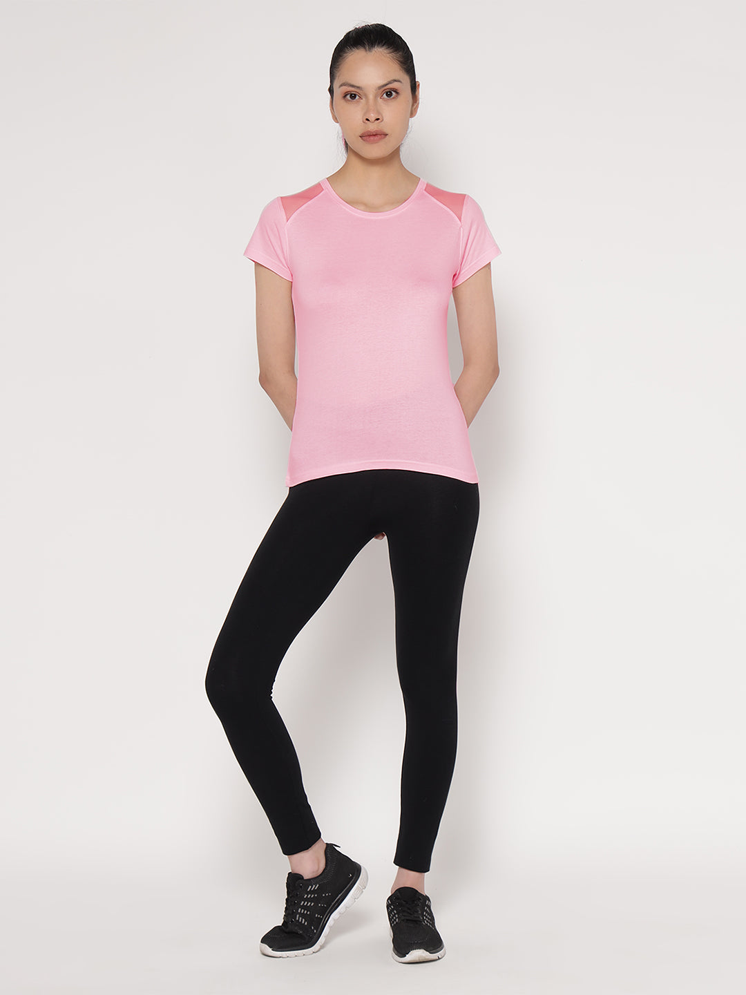 Ap'pulse Women's Short Sleeve Round Neck Shoulder Mesh Tshirt