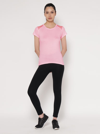 Appulse Women's Short Sleeve Round Neck Shoulder Mesh T-Shirt | Women | Premium Cotton | Activewear | Athleisure