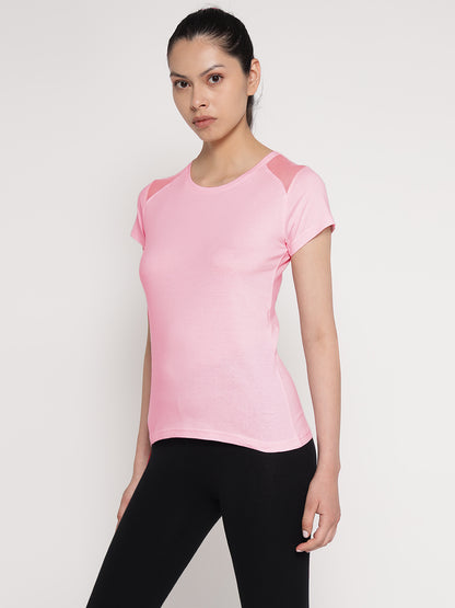Appulse Women's Short Sleeve Round Neck Shoulder Mesh T-Shirt | Women | Premium Cotton | Activewear | Athleisure