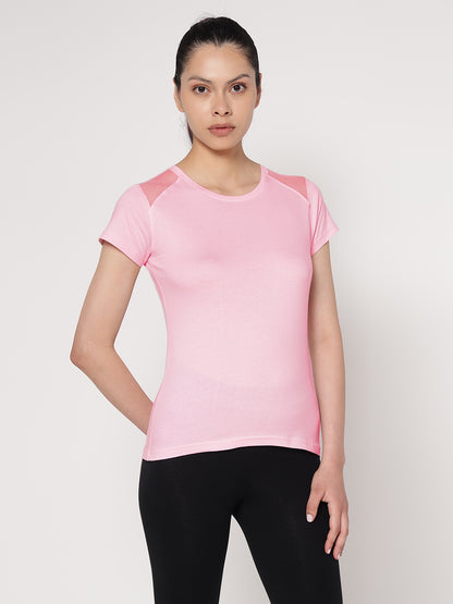 Appulse Women's Short Sleeve Round Neck Shoulder Mesh T-Shirt | Women | Premium Cotton | Activewear | Athleisure