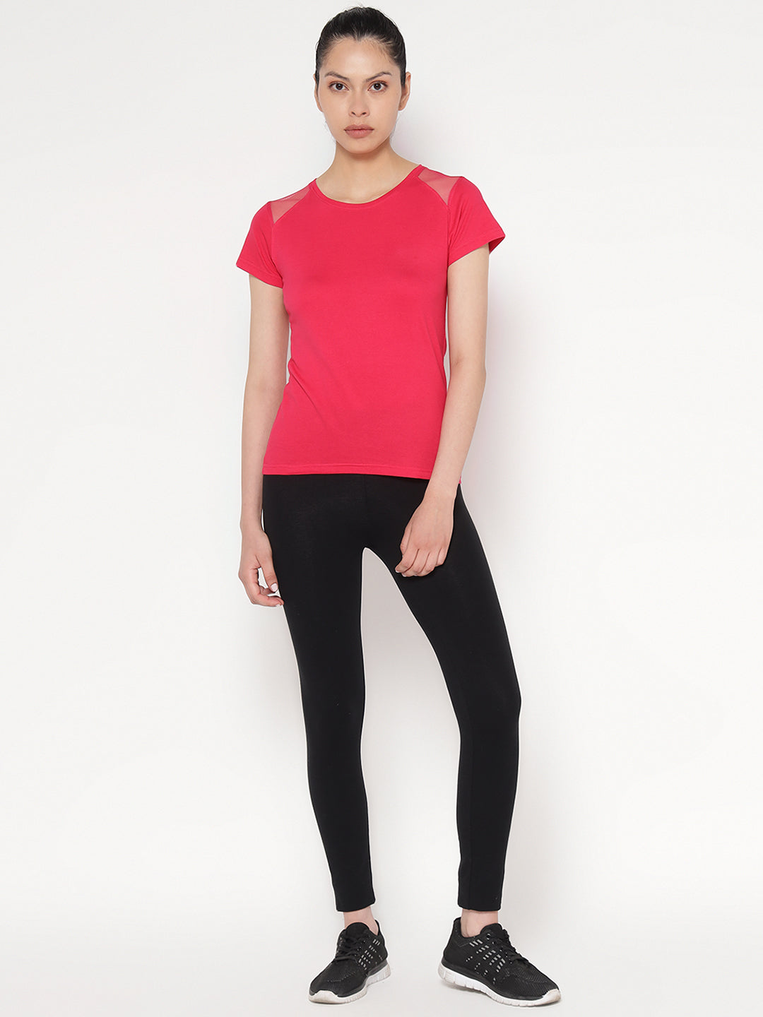 Ap'pulse Women's Short Sleeve Round Neck Shoulder Mesh Tshirt