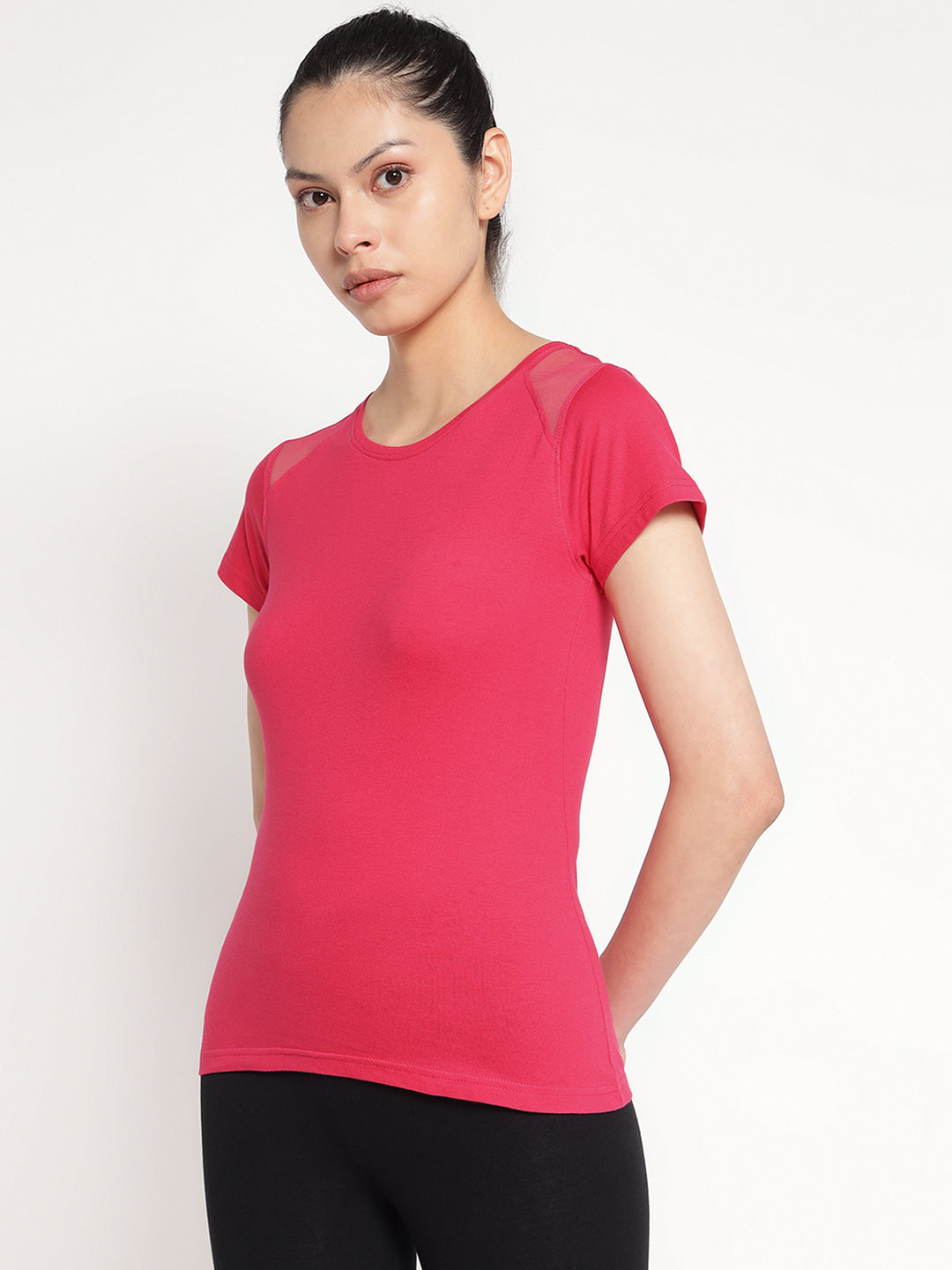 Ap'pulse Women's Short Sleeve Round Neck Shoulder Mesh Tshirt