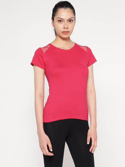 Appulse Women's Short Sleeve Round Neck Shoulder Mesh T-Shirt | Women | Premium Cotton | Activewear | Athleisure